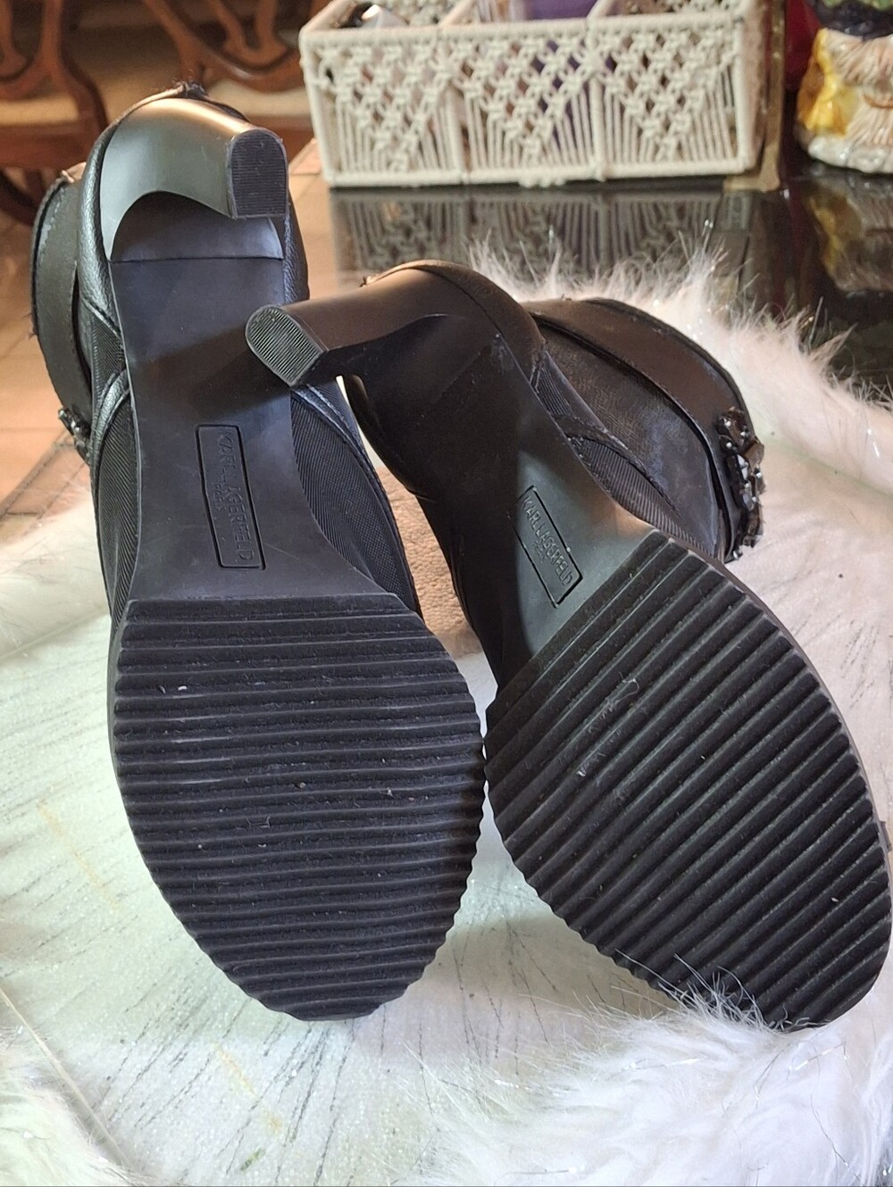 Karl Lagerfeld Black Sheer Mesh Jeweled Peep-Toe Stiletto Shoes Women Size 11 - Picture 15 of 16